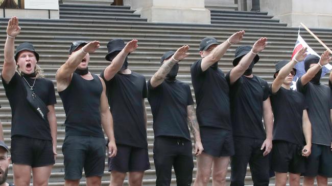 Neo-Nazis in front of the Victorian Parliament. Picture: NCA NewsWire / David Crosling