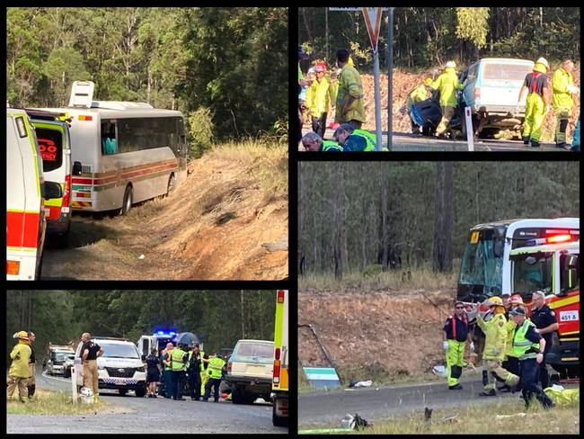 Police have confirmed a man died at the scene of cars between bus full of children and a Ute at Wolvi on Tuesday. Photos: Scott Kovacevic