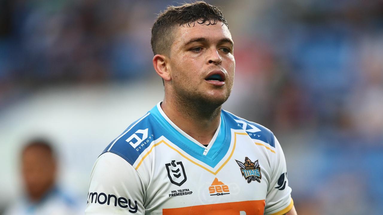 GOLD COAST, AUSTRALIA - AUGUST 14: Ashley Taylor of the Titans looks on during the round 22 NRL match between the South Sydney Rabbitohs and the Gold Coast Titans at Cbus Super Stadium, on August 14, 2021, in Gold Coast, Australia. (Photo by Chris Hyde/Getty Images)