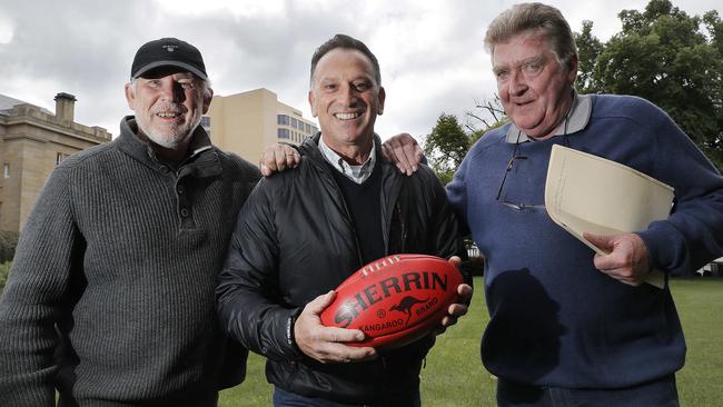 Stephen Bourke, Angelo Fraraccio and Russell Hanson are advocates for the proposed stadium in Hobart to accommodate a new AFL team. Picture: Craig Warhurst