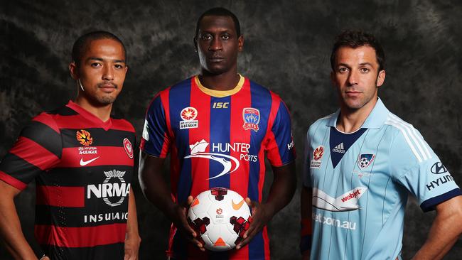 Western Sydney Wanderers’ Shinji Ono, Newcastle Jets’ Emile Heskey and Sydney FC’s Alessandro Del Piero brought star power. Picture: Brett Costello