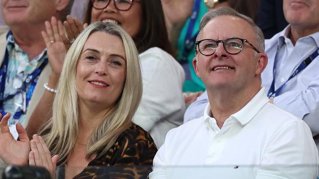 Jodie Haydon and partner, Prime Minister Anthony Albanese, at the 2024 Australian Open at Melbourne Park in January. Picture: Getty Images