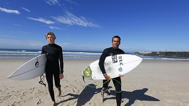 Surfers Cooper Allen, left, and Romain Decelle at Ballina’s Lighthouse Beach.  Picture: Jason O'Brien