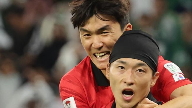 AL RAYYAN, QATAR - JANUARY 30: Cho Gue-Sung of South Korea celebrates scoring their first goal during the AFC Asian Cup Round of 16 match between Saudi Arabia and South Korea at Education City Stadium on January 30, 2024 in Al Rayyan, Qatar. (Photo by Lintao Zhang/Getty Images)