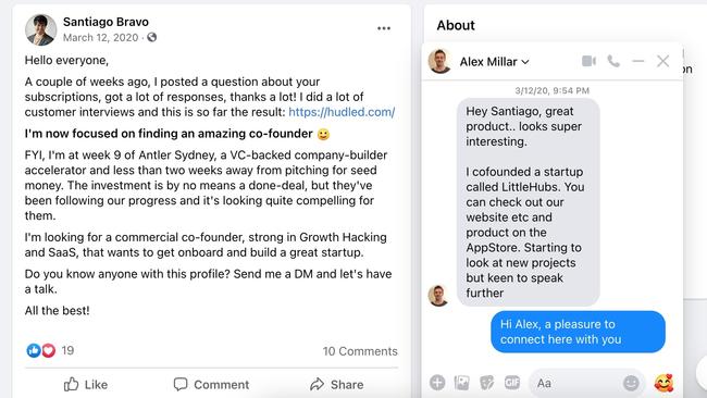 A chance sighting of this Facebook post led Alex Millar and Santiago Bravo into business together. A year later, their company Hudled is worth $4.6 million.