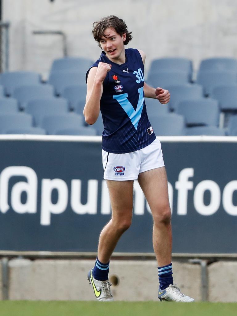 Jefferson celebrates one of his seven goals against Western Australia. Picture: Dylan Burns/AFL Photos via Getty Images