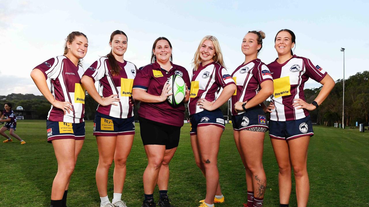 Noosa Dolphins Rugby Union. Pictured, Jemima Ward, Holly Radge, Rhianon Zanelli assistant coach, Izzy Tchir, Tigerlily Livingston and Steivy Te Moana. Photo: Patrick Woods.