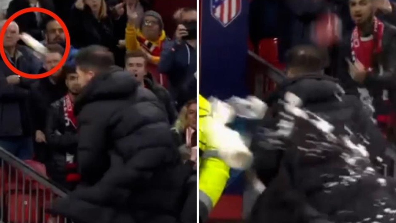 Atletico Madrid coach Diego Simeone was pelted with objects by United fans.