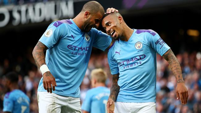 Gabriel Jesus of Manchester City celebrates after scoring his sides third goal which is later disallowed by VAR. Picture Clive Brunskill/Getty Images