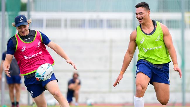 Jordan Petaia (right) at Wallabies training in Noumea before he suffered his hamstring injury. Picture: Rugby Australia/Stu Walmsley