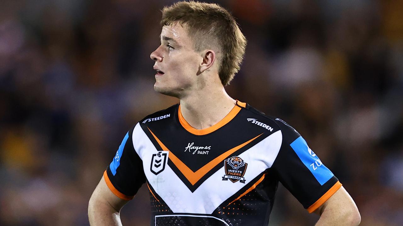 SYDNEY, AUSTRALIA - SEPTEMBER 06: Lachlan Galvin of the Tigers reacts at full time during the round 27 NRL match between Wests Tigers and Parramatta Eels at Campbelltown Stadium, on September 06, 2024, in Sydney, Australia. (Photo by Jeremy Ng/Getty Images)