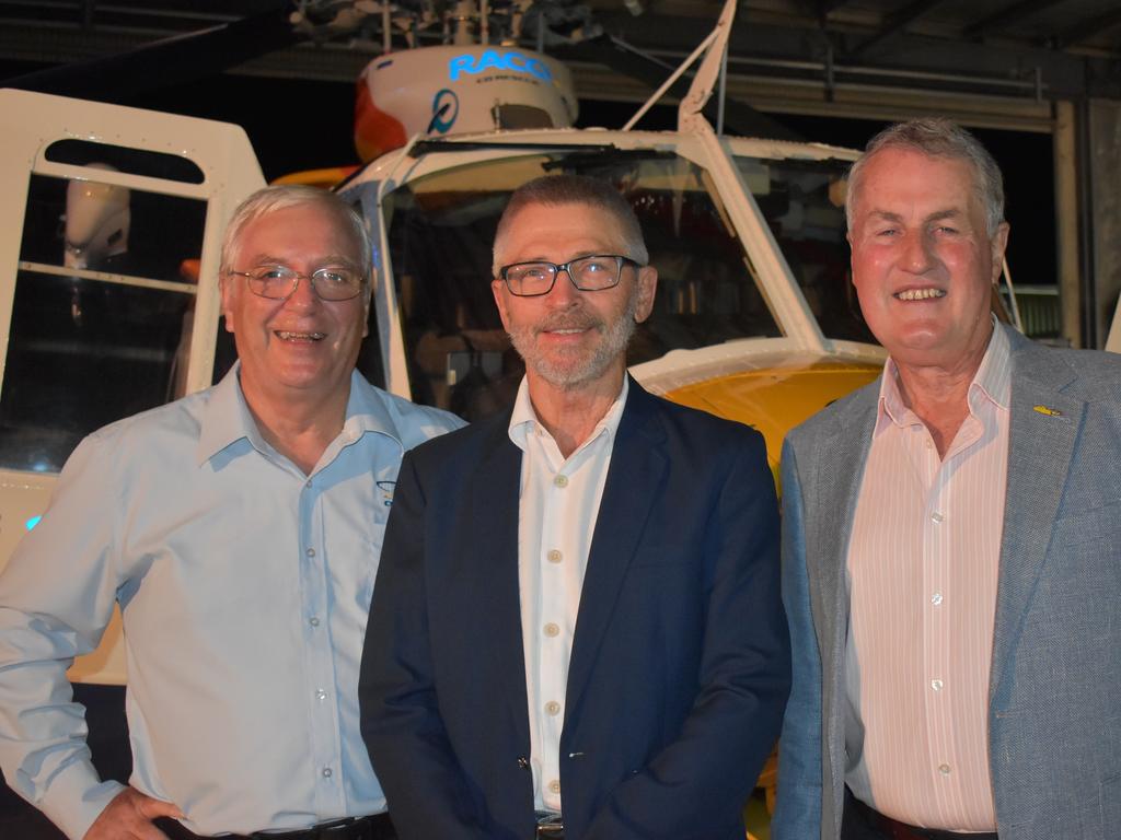 Dr Peter Bastable, Dr Bert Sadlier and Mackay Mayor Greg Williamson at RACQ CQ Rescue's silver jubilee celebrations on Friday, April 9, 2021. Picture: Tara Miko