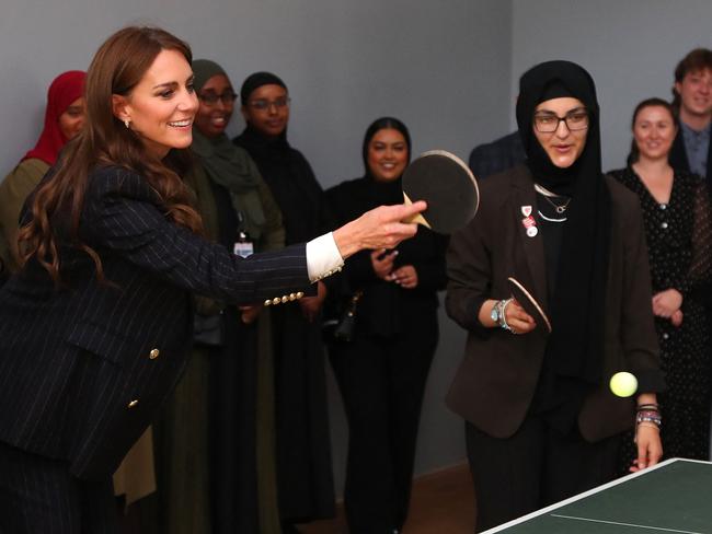 The Princess of Wales plays table tennis during a visit to the Grange Pavilion in Cardiff. Picture: AFP