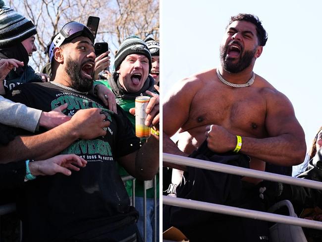 Jordan Mailata celebrates Super Bowl success. Image: Getty