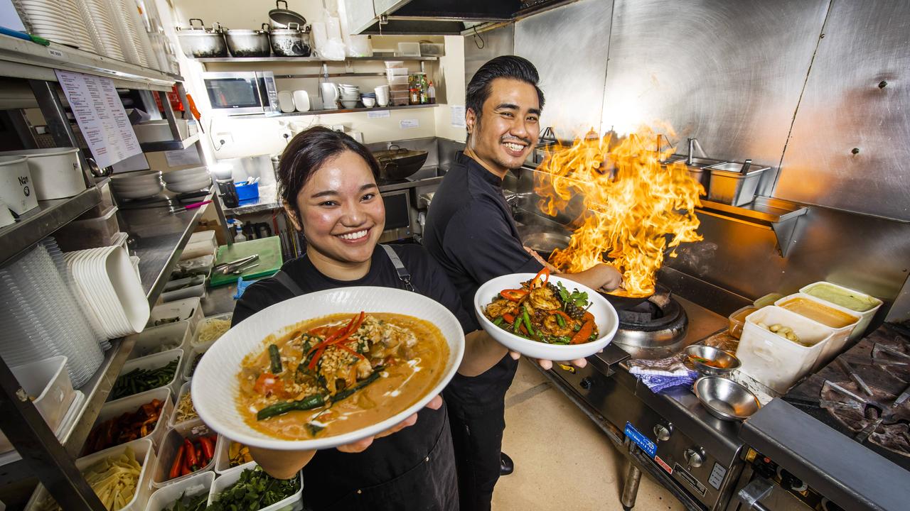 Supak Neanbangkeaw and chef Chaloemyod Fuangkajorn in the kitchen at Mons Ban Sabai Thai in Camp Hill. Picture: Nigel Hallett