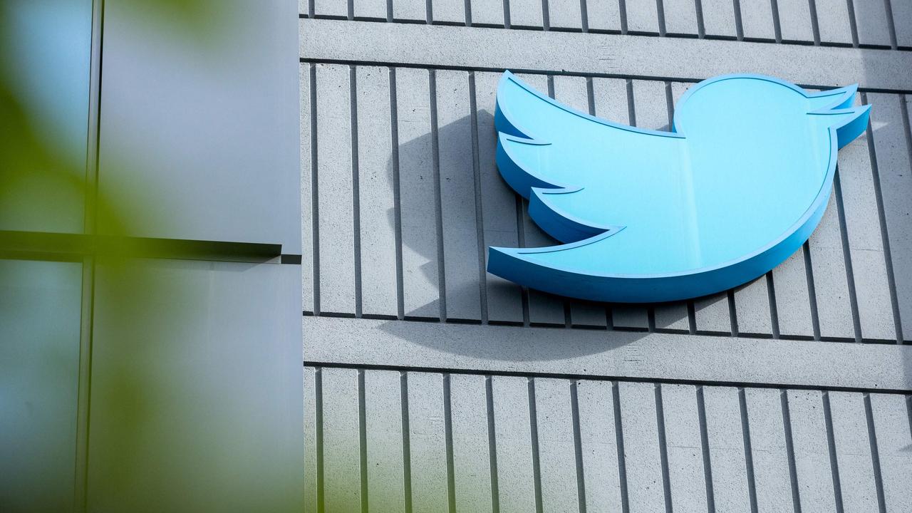 The Twitter logo is seen on a sign on the exterior of Twitter headquarters in San Francisco, California. Picture: AFP