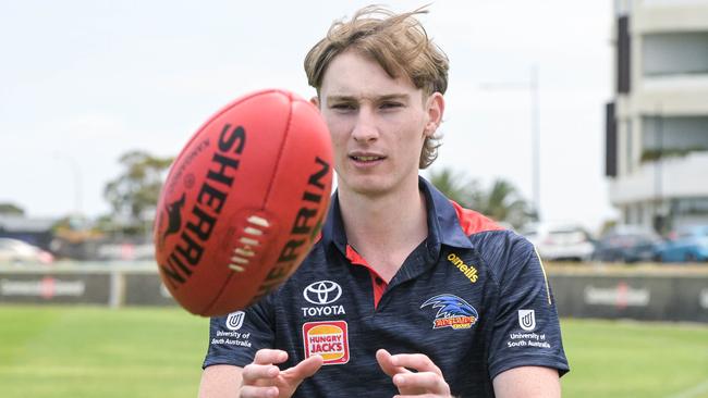 Max Michalanney joined the Crows on night one as a father-son selection. Picture: Brenton Edwards