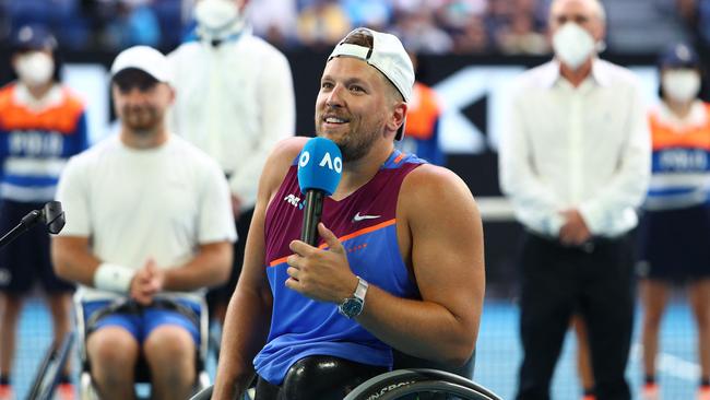 Alcott addresses the crowd after the match. Picture: Aaron FRANCIS/AFP