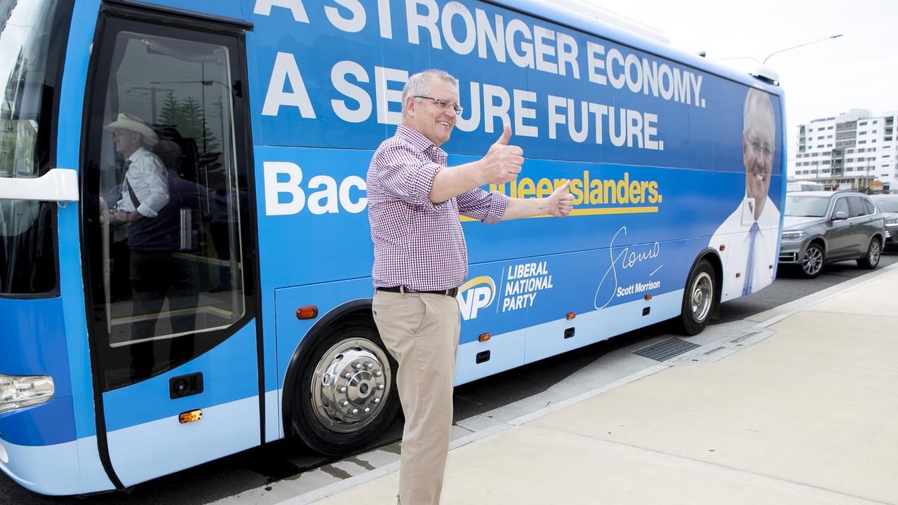 Prime Minister Scott Morrison with the ScoMobile during the announcement of stage 3 of the Gold Coast light rail on the Gold Coast on Monday, November 5. Picture: Tim Marsden/AAP