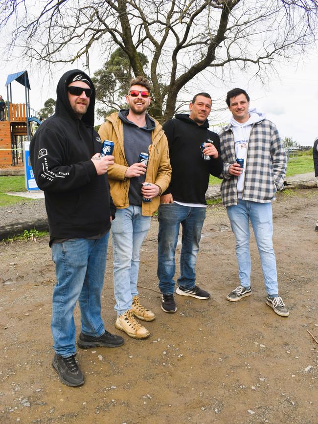 West Gippsland league grand final match 2024 — Phillip Island Bulldogs V Nar Nar Goon "The Goon" Football Club at Garfield Recreation Reserve on September 14, 2024: Wally Wallace, Dalton Lawrie, Dennis Vibot and Brayden Browne. Picture: Jack Colantuono