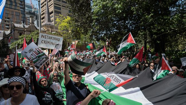 Pro-Palestine protesters are seen at the protest for Gaza in Hyde Park, in Sydney. Picture: NCA NewsWire / Flavio Brancaleone