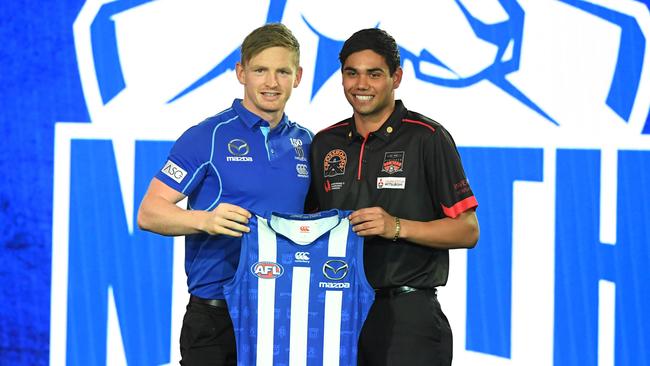 Tarryn Thomas, right, was taken by North Melbourne at pick eight. Picture: AAP/James Ross