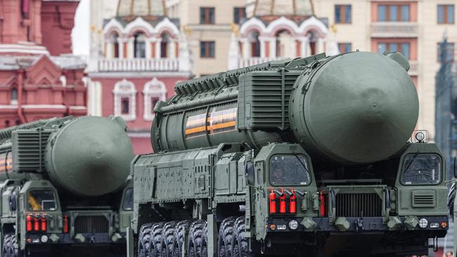 Russian Yars RS-24 intercontinental ballistic missile systems move through Red Square during the Victory Day military parade. Picture: AFP.