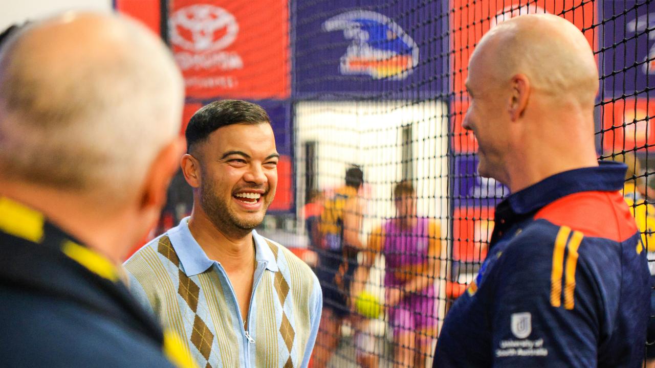 Crow coach Matthew Nicks admitted he was star-struck by singer Guy Sebastian. Picture: Harrison Mielke/Adelaide Football Club