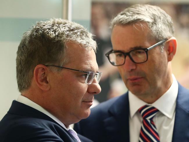 SYDNEY, AUSTRALIA - NOVEMBER 19: Chris Nikou talks to Stephen Conroy during the Football Federation Australia Annual General Meeting at FFA Offices on November 19, 2018 in Sydney, Australia. (Photo by Mark Metcalfe/Getty Images)