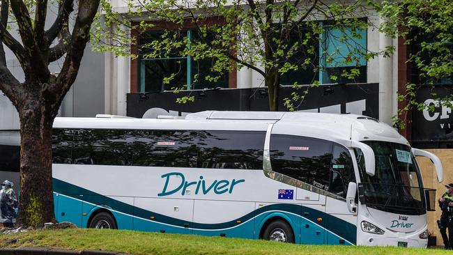 Busloads of police were prepared to confront possible protests in Melbourne on Saturday. Picture: NCA NewsWire/Sarah Matray