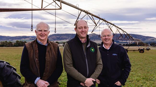 Tasmanian Irrigation CEO Andrew Kneebone (far right) is overseeing the rollout of 10 more irrigation schemes, pictured here with farmer Justin Nichols and Tasmanian Farmers and Graziers association vice-chair Andrew Bevin.