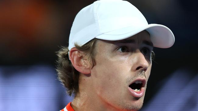 MELBOURNE, AUSTRALIA - JANUARY 17: Alex de Minaur of Australia celebrates a point in their round two singles match against Matteo Arnaldi of Italy during the 2024 Australian Open at Melbourne Park on January 17, 2024 in Melbourne, Australia. (Photo by Daniel Pockett/Getty Images)