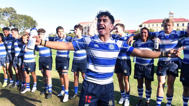 Nudgee captain Tony Fuimaono leads celebrations after a victory this year. Picture: John Gass