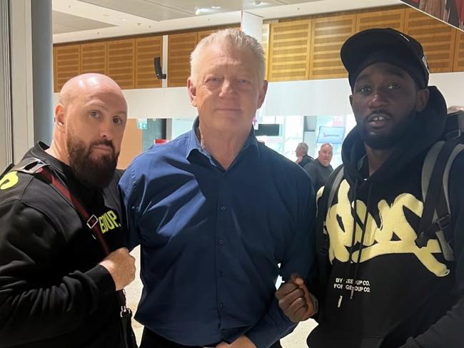 Grant 'Tassie' Brown, Phil Gould and Crawford at the airport on Monday morning. Picture: Supplied