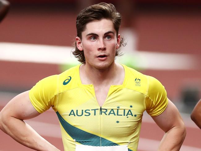 TOKYO, JAPAN - AUGUST 01: Rohan Browning of Team Australia and Shaun Maswanganyi of Team South Africa react after competing in the Men's 100m Semi-Final on day nine of the Tokyo 2020 Olympic Games at Olympic Stadium on August 01, 2021 in Tokyo, Japan. (Photo by Ryan Pierse/Getty Images)