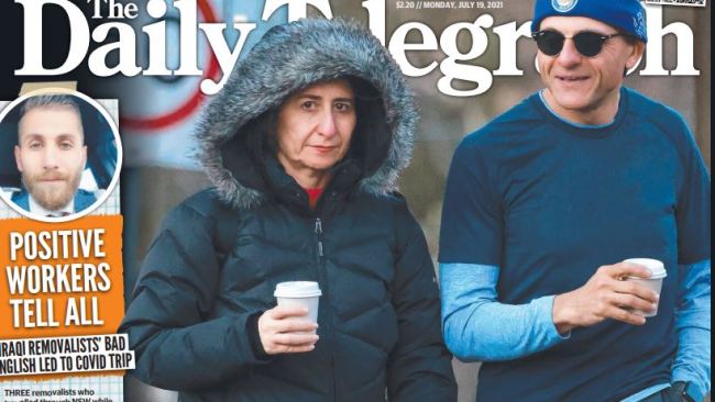The front page of The Daily Telegraph. The publication reported NSW Premier Gladys Berejiklian was not wearing a mask while grabbing a coffee with boyfriend Arthur Moses.