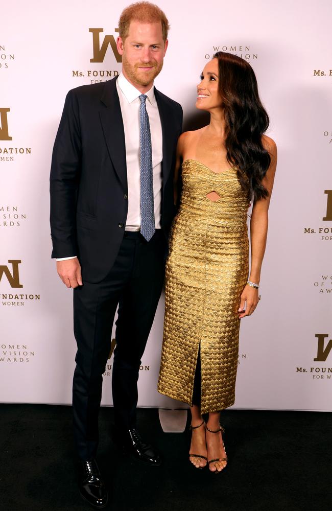 Harry and Meghan at Ziegfeld Ballroom for the Women of Vision Awards. Picture: Kevin Mazur/Getty Images Ms. Foundation for Women