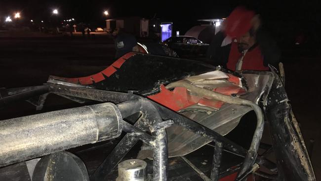 The mangled wreck of Lachie Gwynne’s speedway car after his accident in Mildura in April, 2019. Picture: Supplied