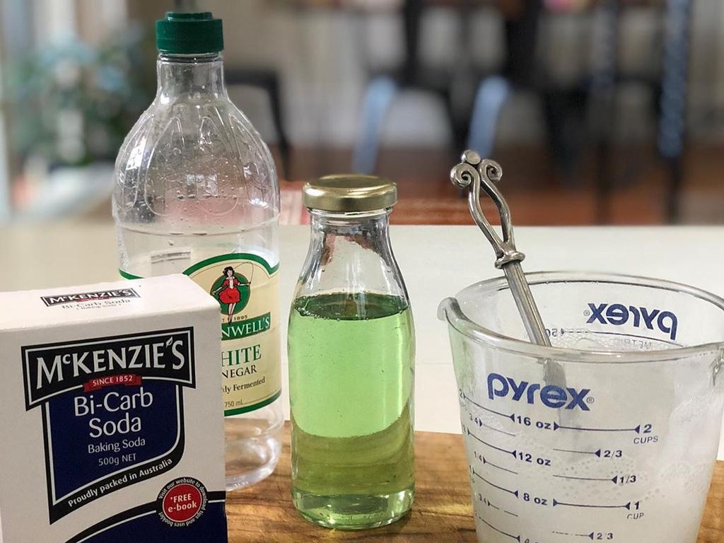 The environmentally savvy mum made general purpose spray — three parts bicarb, two parts water, two parts dish soap and one part white vinegar as part of her Plastic Free July experiment.