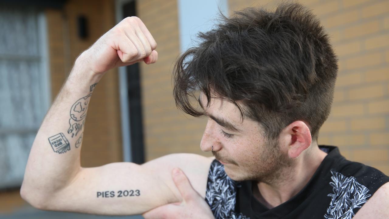 Collingwood fan Thomas Curran got a 'Pies 2023' tattoo in Bali in May. Picture: Alan Barber