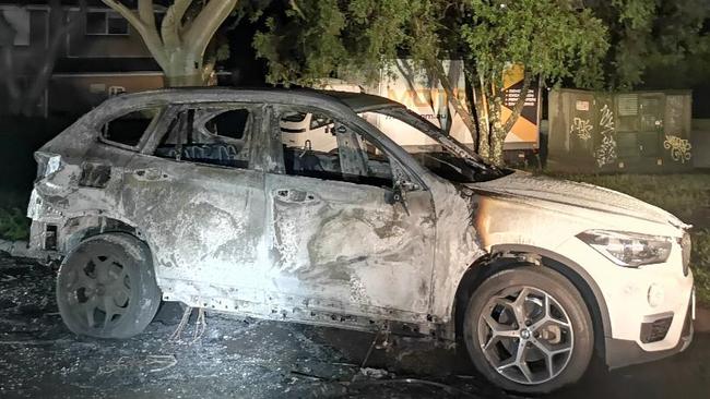 The torched BMW used in Vehe Geokjian‘s abduction.