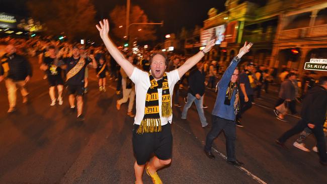 Richmond fans leaving the MCG after the preliminary final victory. Picture: Tony Gough