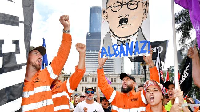 Prime Minister Anthony Albanese was depicted as Adolf Hitler at the same rally Mr Chandler-Mather addressed in Brisbane. Picture: NewsWire / John Gass