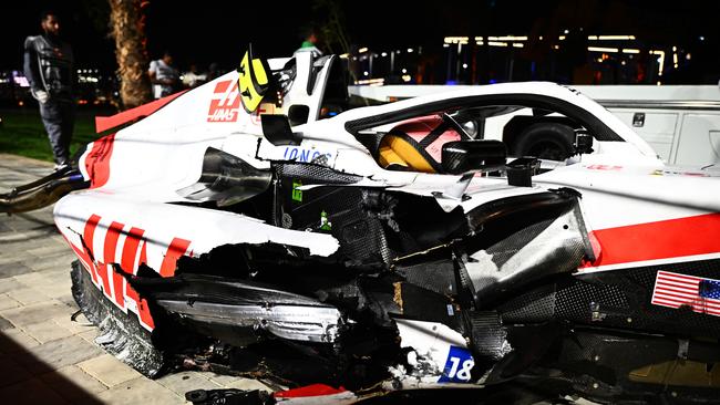 The wrecked car of Mick Schumacher after his crash at the Saudi Arabian Grand Prix. Picture: Clive Mason/Getty Images