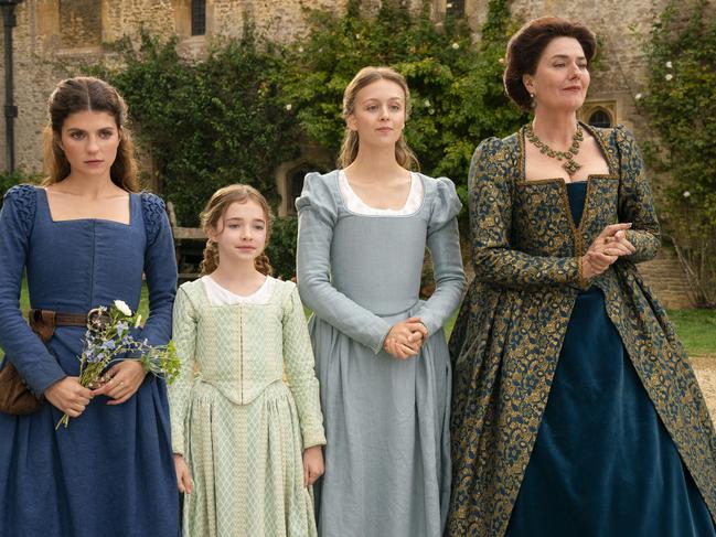 Emily Bader as Lady Jane Grey, Robyn Betteridge as Margaret Grey, Isabella Brownson as Katherine Grey and Anna Chancellor as Frances Grey in a scene from My Lady Jane.