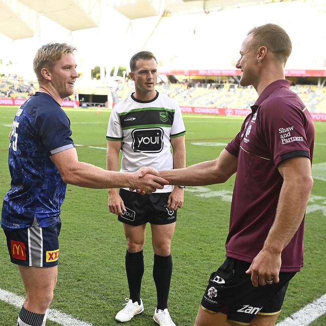 Tom Dearden of the Cowboys and Daly Cherry-Evans of the Sea Eagles greet each other at the coin toss during the round eleven NRL match between Cowboys and Sea Eagles at Queensland Country Bank Stadium, on May 17, 2025, in Townsville, Australia. (Photo by Ian Hitchcock/Getty Images)