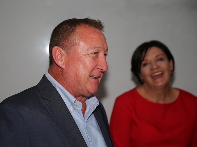 Labor’s Jeff Drayton and Jodi McKay address the party faithful on Saturday night. Picture: NCA NewsWire/Peter Lorimer