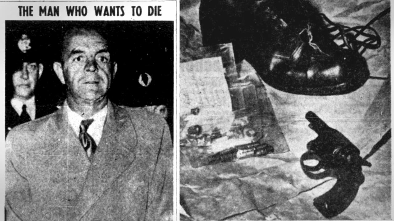 A headline about James Robert Walker after he sensationally requested the death penalty in 1954, and items found in his possession after his death, including a pistol and ammunition smuggled into Pentridge. Pictures: Trove