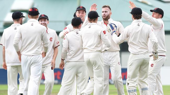 Matt Doric celebrates a wicket with his Essendon teammates. Picture: Josie Hayden