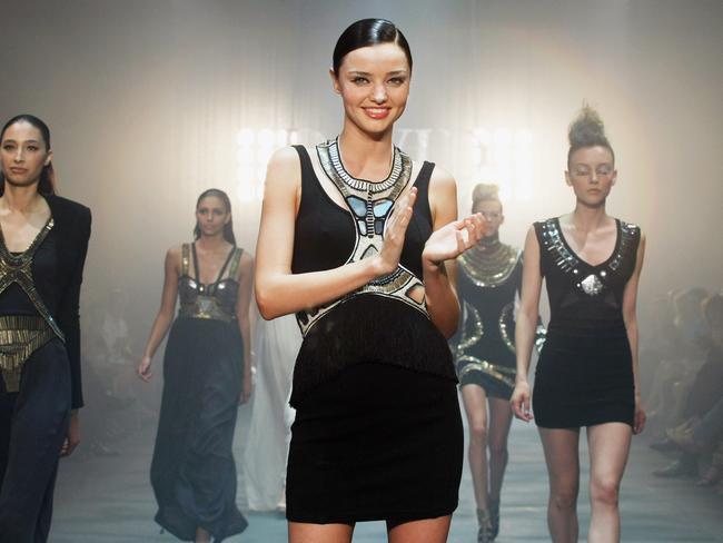 David Jones 2010 Winter parade. Miranda Kerr during the parade wearing a sass and bide design.